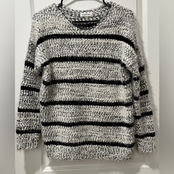Cozy Chic Calvin Klein Black & White Fuzzy Striped Crewneck Sweater - Picture 1 of 6